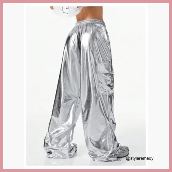 Metallic Cargo Pants Wide Leg Baggy Joggers Polyester Blend - Picture 4 of 5